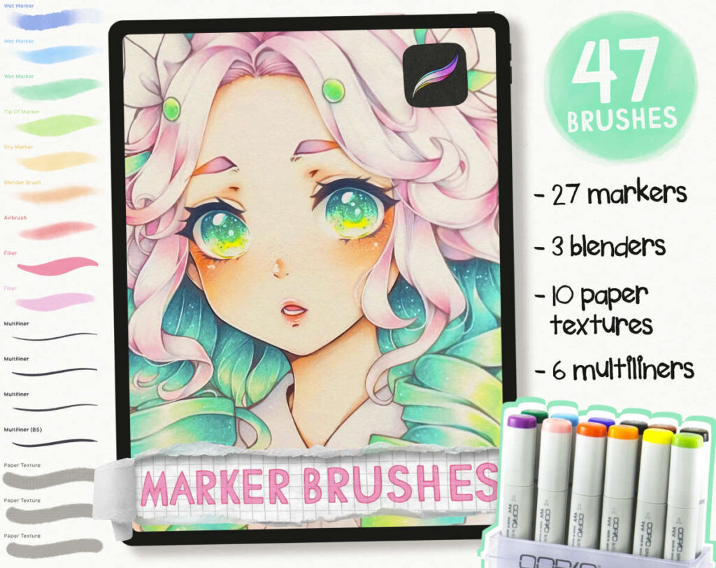 40+ Copic inspired Marker Brush Set Airbrush, Multiliner, Blender, Paper texture, Markers for Procreate